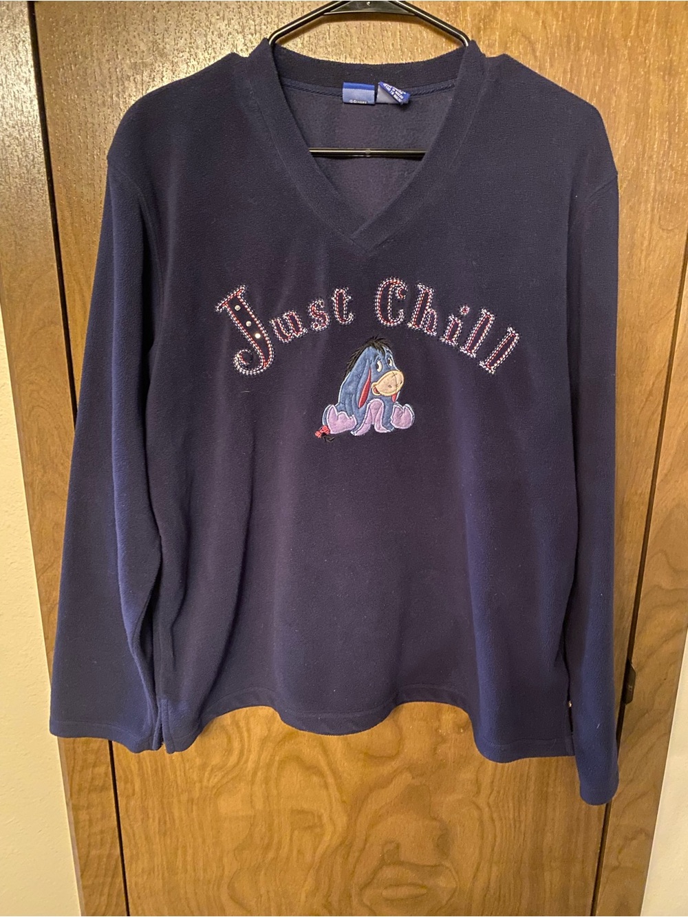 Disney Navy V-Neck Sweater with Eeyore "Just Chill" Embroidery